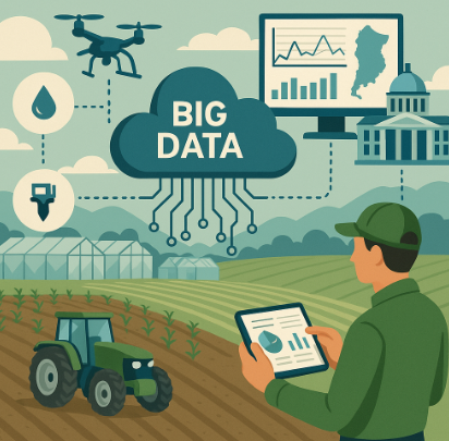 농업 빅데이터가 센서, 드론, 위성, 농기계에서 수집되어 클라우드와 인공지능 분석 시스템을 거쳐 농민과 국가 정책에 활용되는 흐름을 시각화한 스마트 농업