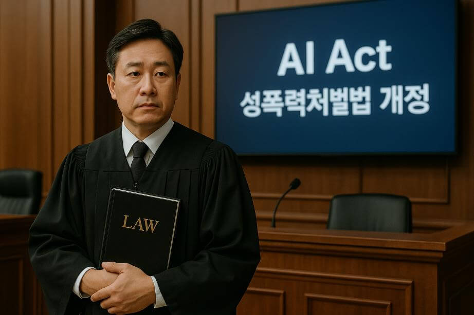 법정 내부에서 판사가 법전을 들고 있고, 뒤 스크린에는 관련 법제 단어가 보이는 모습