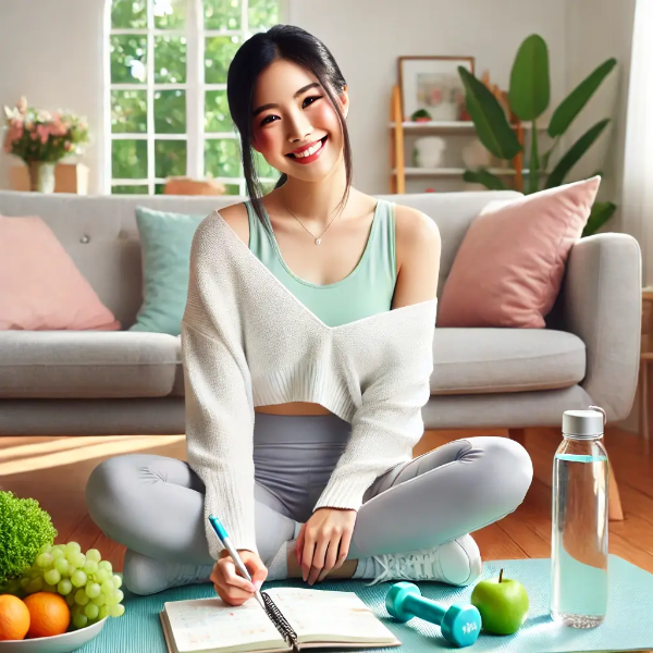 요가매트 위에 앉아 다이어트 일지를 기록하는 젊은 동양 여성