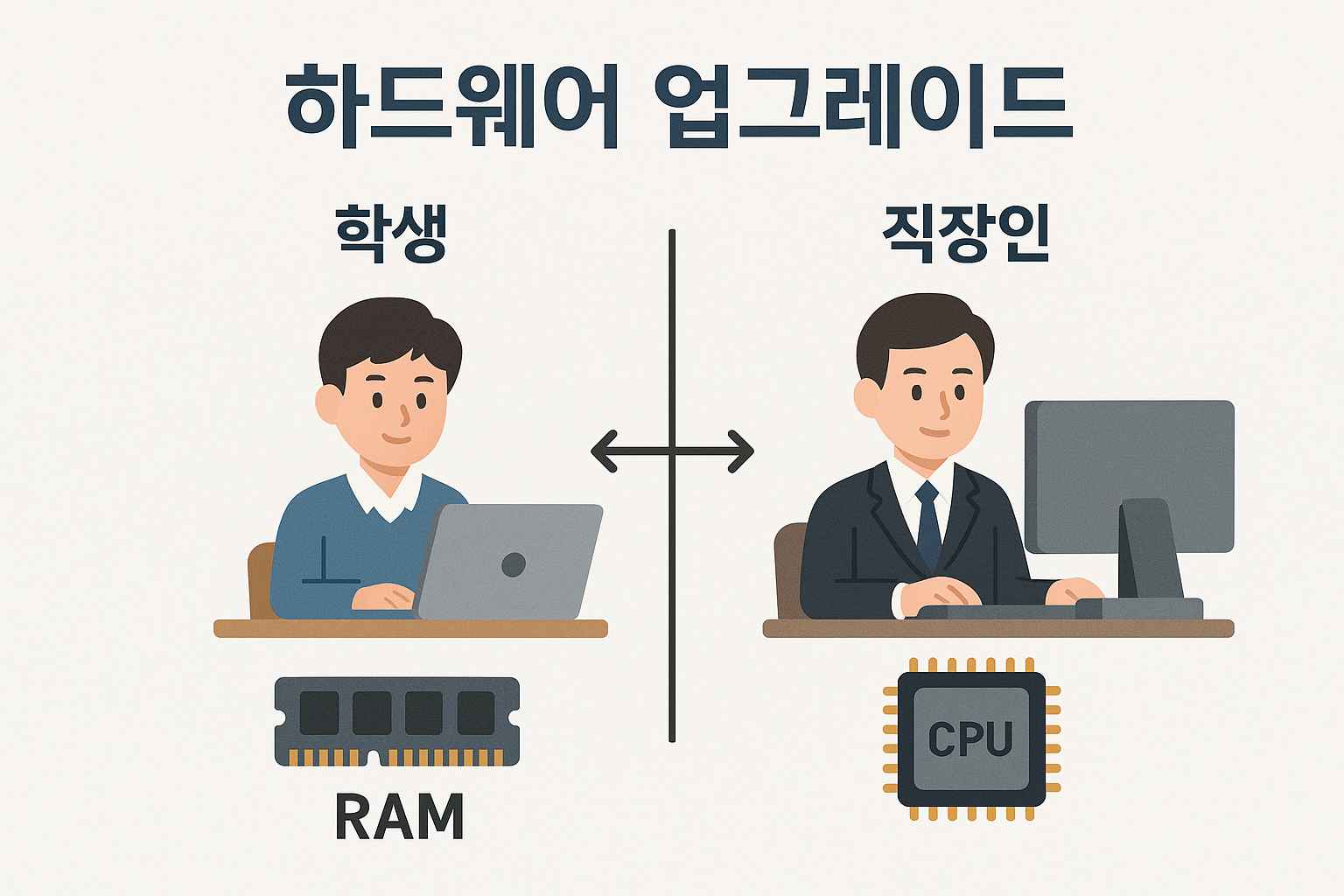 학생과 직장인의 하드웨어 업그레이드 비교 이미지