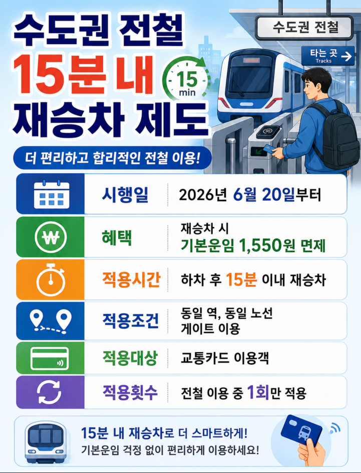 2026 수도권 전철 15분 내 재탑승 기본운임 면제 적용 노선·제외 구간·교통카드 대상·동일역 조건