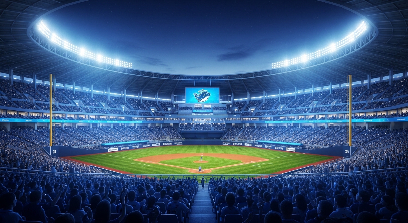 푸른색과 회색 조명이 빛나는 역동적인 미래형 야구 경기장 내부 모습. 좌석은 열광하는 팬들로 가득 차 있으며, 중앙 전광판에 '울산 웨일즈' 로고와 고래 마스코트가 보인다. KBO 11구단 창단의 희망과 활기찬 분위기를 표현한다.