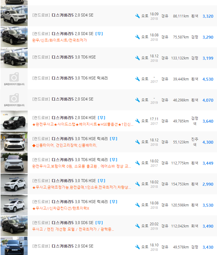 랜드로버 디스커버리5 등급 중고차 가격 : 2,645만원 ~ 8,799만원