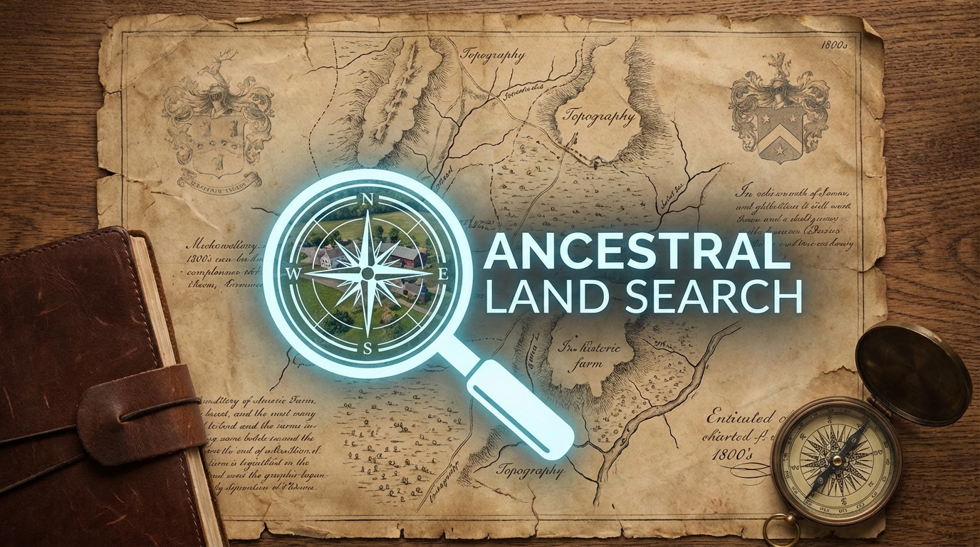 조상땅찾기 서비스를 상징하는 고지도와 현대적인 돋보기 아이콘이 결합된 이미지