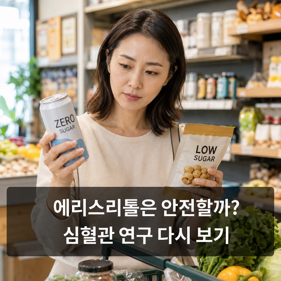 제로 음료와 저당 간식을 살펴보며 에리스리톨 섭취를 고민하는 모습