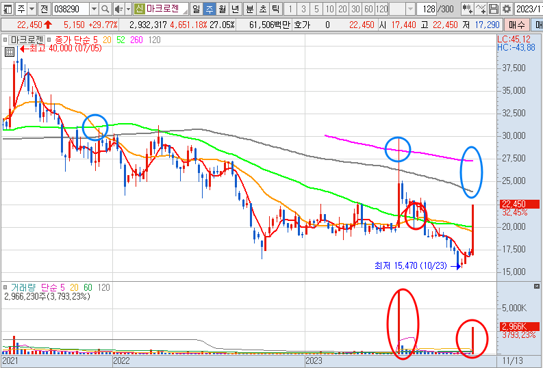 마크로젠 주가 주봉 차트 (23.11.17)
