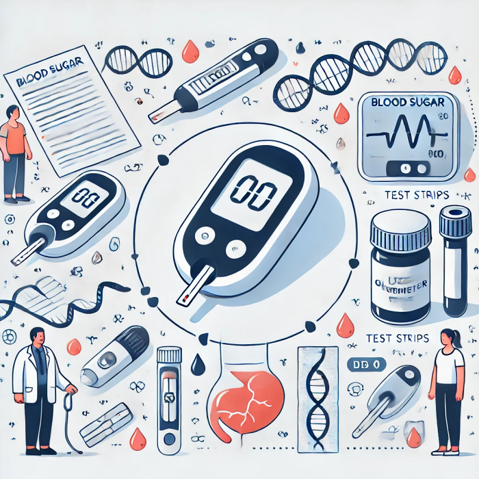 혈당 측정을 위한 글루코미터와 테스트 스트립 사용 과정을 보여주는 다이어그램.