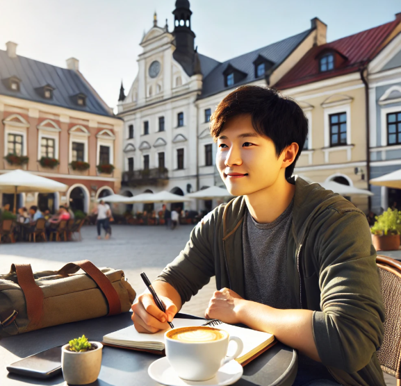 동유럽 광장의 카페에서 여유롭게 여행중인 사람의 모습