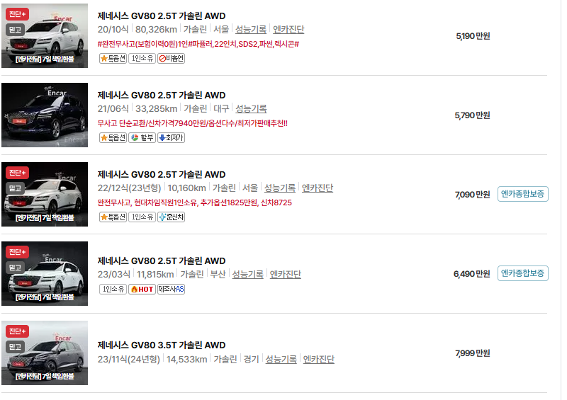 제네시스 GV80 중고차 가격 시세표 유지비