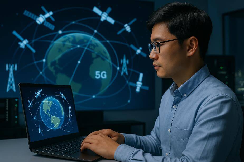 위성과 5G 네트워크가 융합된 통신 구조를 상징하는 장면