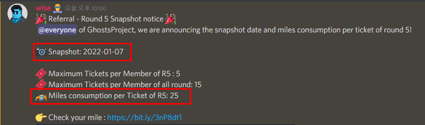 Snapshot은 2022-01-07 이며 Miles Consumption per Ticket of R5는 25개이다