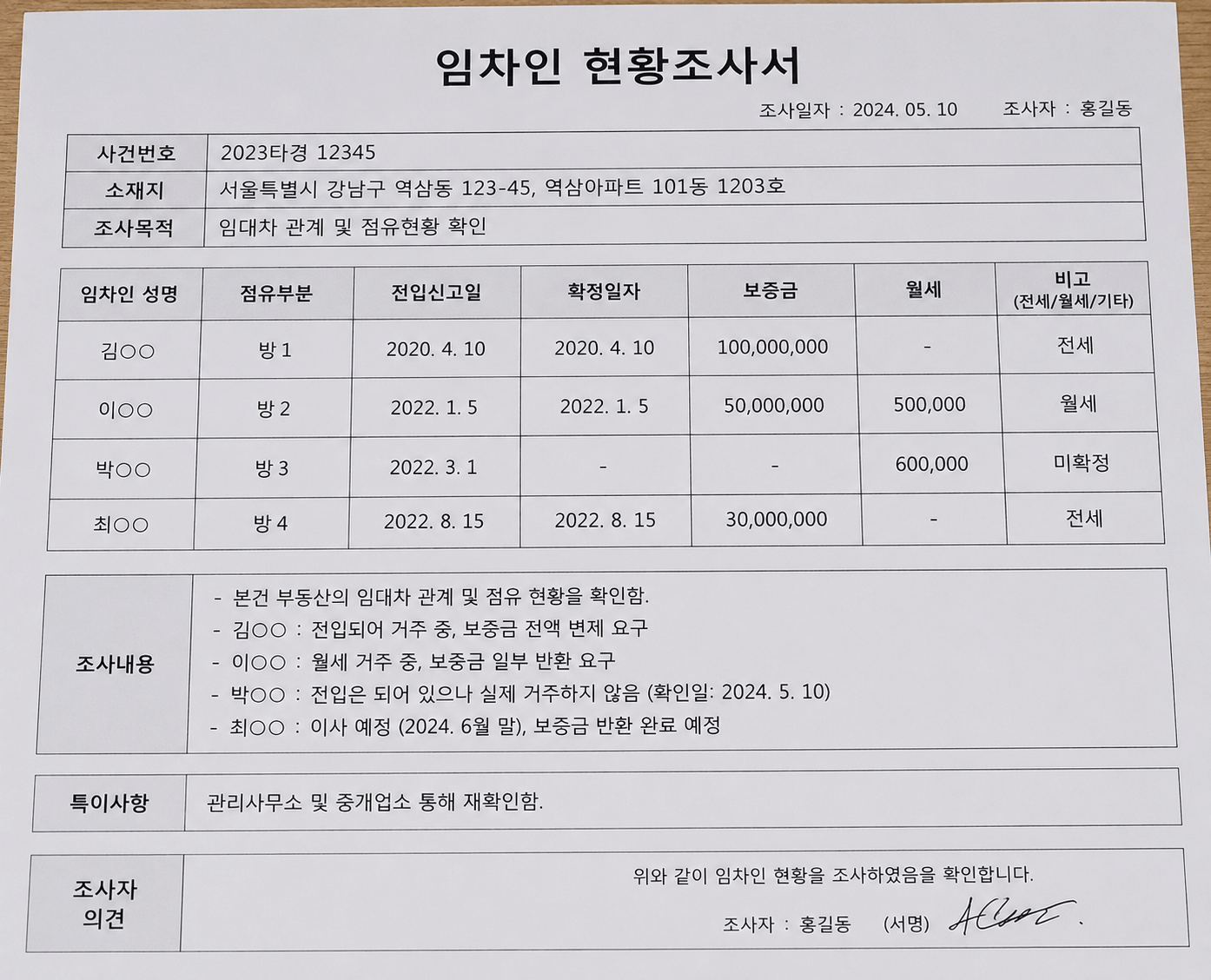 임차인 현황조사서 예시 이미지