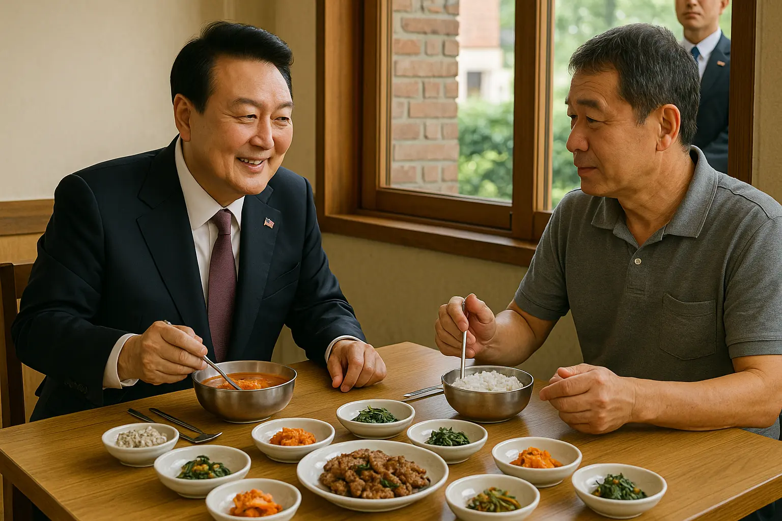 The President of South Korea having a traditional Korean meal with a middle-aged citizen in a restaurant, sharing kimchi stew, bulgogi, and side dishes at a wooden table
