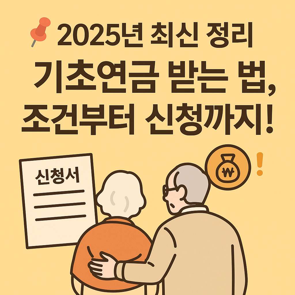2025년 최신 정리 기초연금 받는 법, 조건부터 신청까지! 라는 문구와 함께, 신청서를 보는 노부부의 뒷모습과 연금 아이콘이 삽입된 따뜻한 느낌의 일러스트. 연한 주황 배경의 인포그래픽 스타일 썸네일