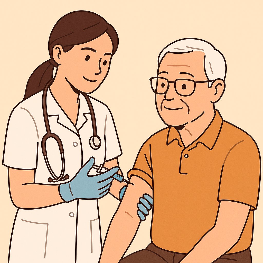 의사가 어르신에게 독감 예방주사를 놓는 장면