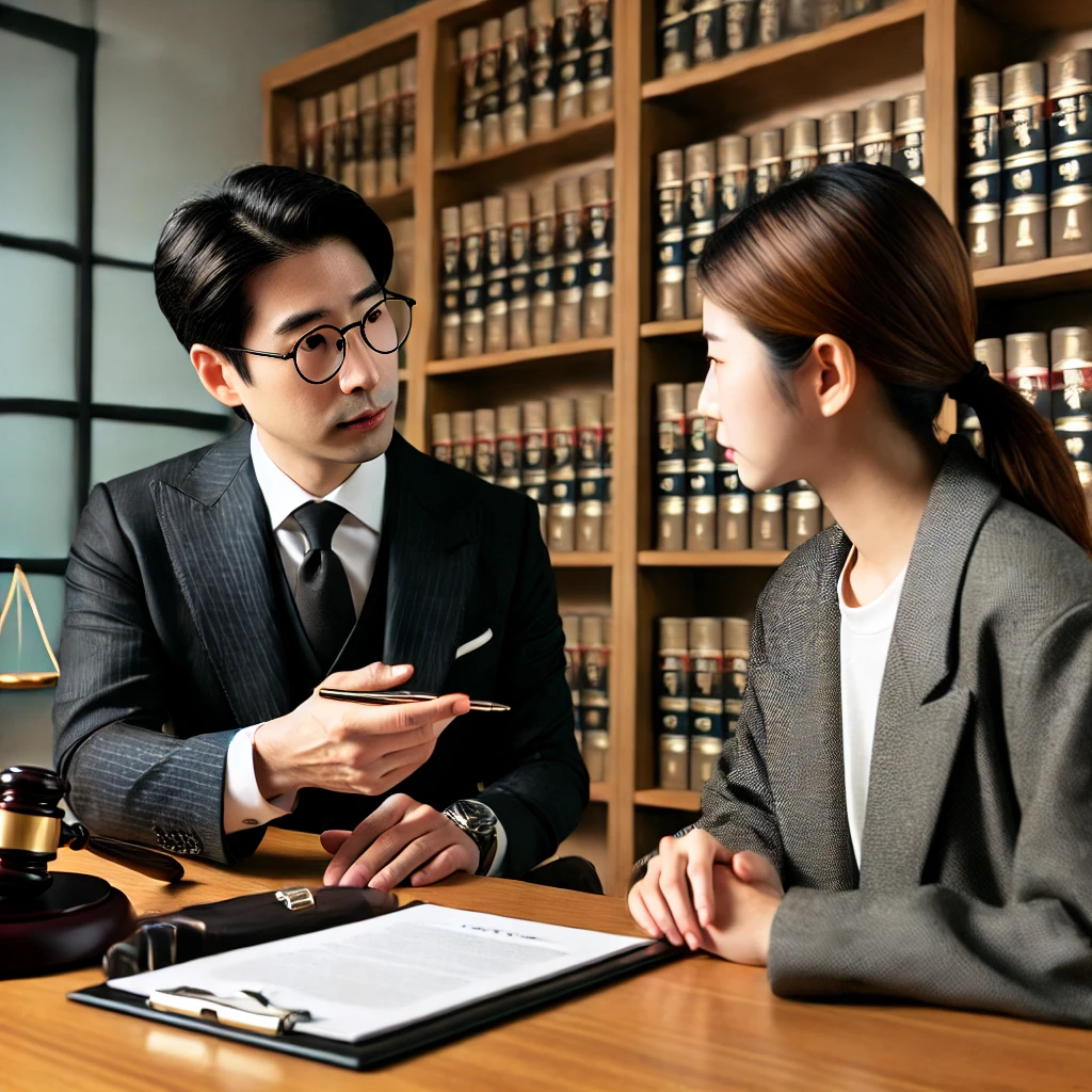 한국 법률 사무소에서 걱정스러운 표정의 의뢰인이 변호사와 상속 문제를 상담하는 모습. 변호사는 책상 위의 한국어 상속 서류를 가리키며 설명하고 있으며, 배경에는 한국 법 서적이 정리된 책장이 보인다