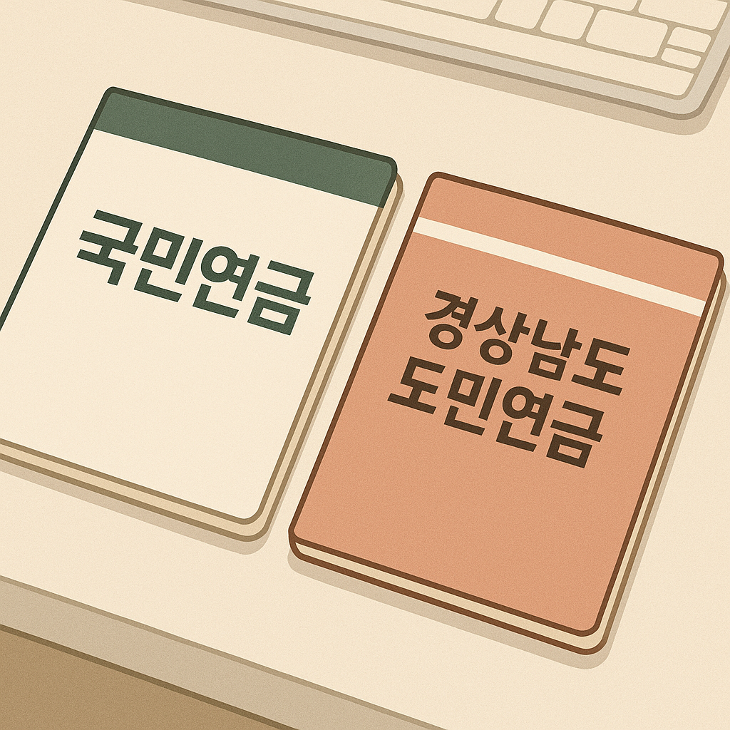 두 개의 연금 통장이 나란히 있는 모습. '국민연금'과 '경남도민연금' 라벨이 붙어 있음