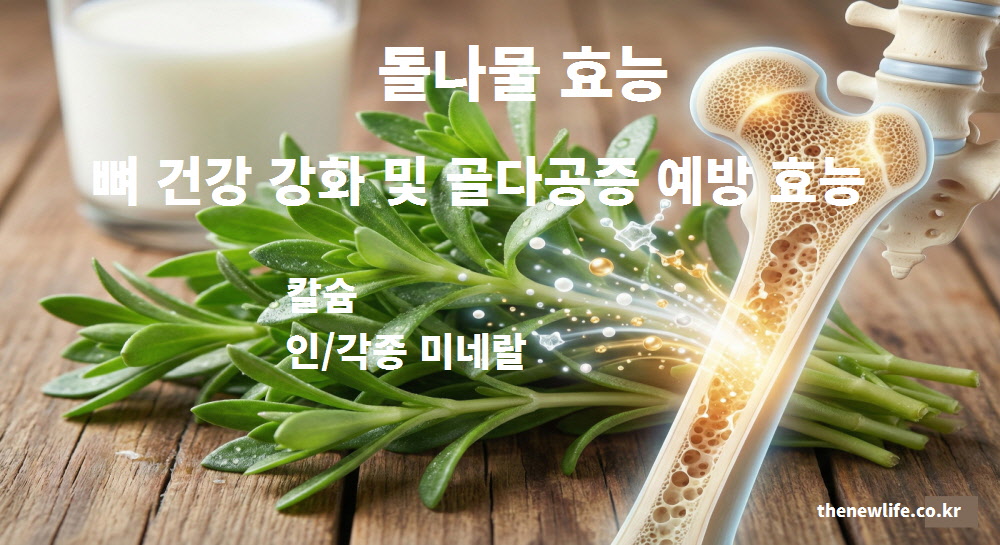 우유와 뼈 이미지를 배경으로 칼슘이 풍부한 돌나물의 뼈 건강 강화 효능을 설명한 이미지
