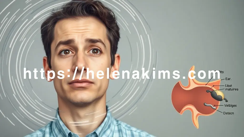 빙글빙글 도는 듯한 어지럼증을 겪는 사람의 모습과 귀 내부의 전정기관 및 이석을 어지럼증을 상징하는 추상적인 회전 패턴이나 소용돌이가 사람의 머리 주변을 감싸고, 그 안쪽 또는 옆에 귀의 간략화된 내부 구조와 **작은 돌멩이(이석)가 이탈하여 움직이는 모습.