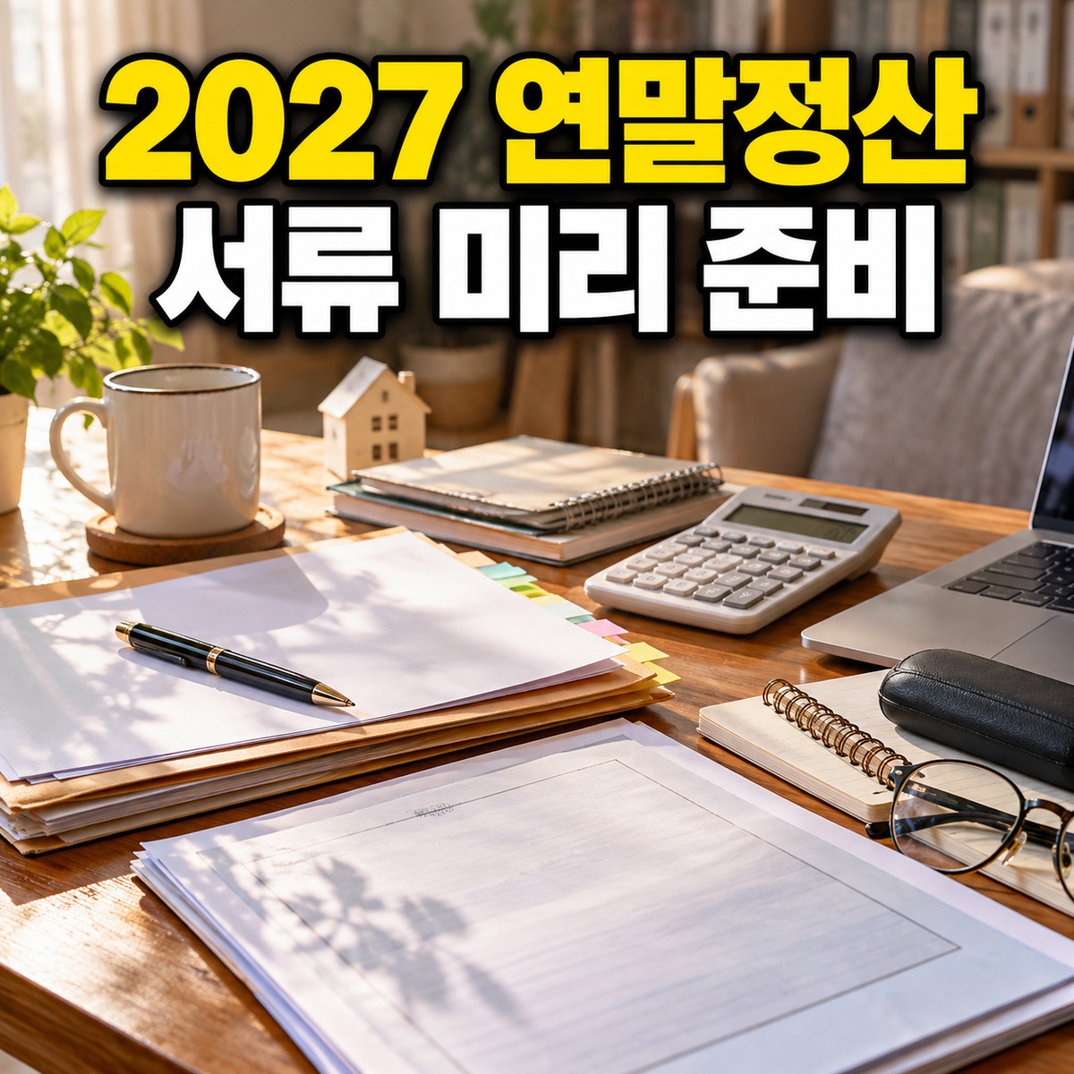 집 안 책상에 계산기와 서류, 노트북을 두고 2027 연말정산 서류 미리 준비라는 문구를 넣은 정사각형 대표 사진