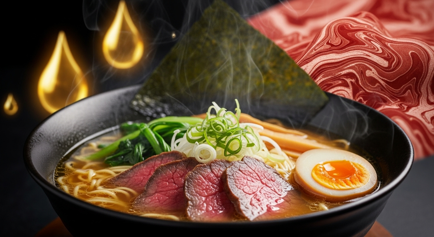 깊고 진한 국물과 소고기 고명이 돋보이는 먹음직스러운 우지라면. 라면의 풍부한 맛을 상징하는 우지의 이미지가 배경에 은은하게 표현되어 2025년 우지라면 논쟁의 핵심을 시각적으로 전달합니다.