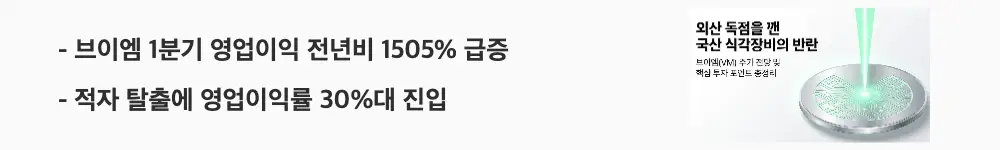 브이엠 주가 전망: ‘브이엠 1분기 영업이익 전년비 1505% 급증’이라는 문구가 포함된 웹배너 이미지. 이 이미지는 브이엠의 적자 탈출과 가파른 이익률 개선 흐름을 시각적으로 전달하며, 블로그의 브이엠 주가 전망 분석과 관련된 내용을 설명함