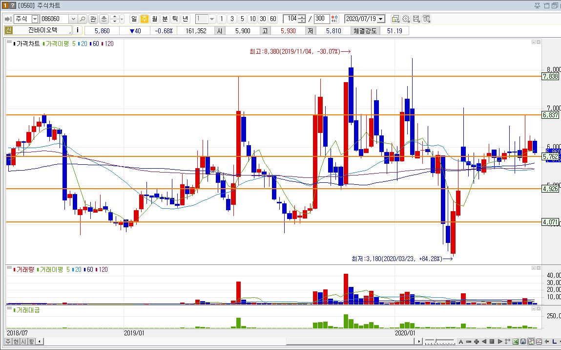 진바이오텍 주봉차트 주가 흐름 현황