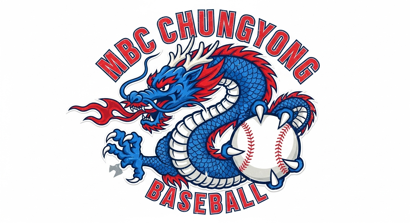 야구공을 쥐고 있는 MBC 청룡의 상징적인 푸른 용 엠블럼. 선명한 색상과 복고풍 질감으로 표현된 원년 구단의 로고 디자인.