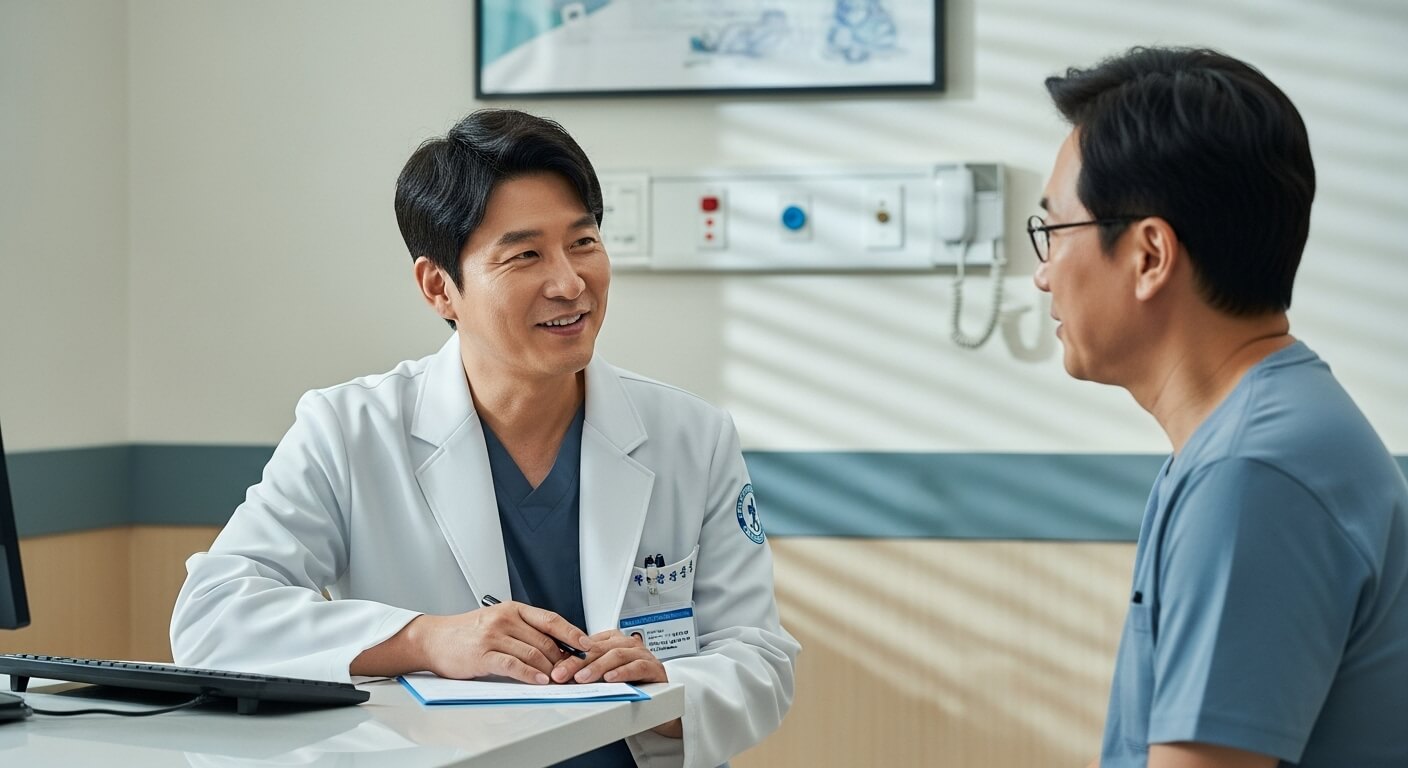 50대 남성이 비교기과에서 갱년기관련 상담을 받고 있는 모습