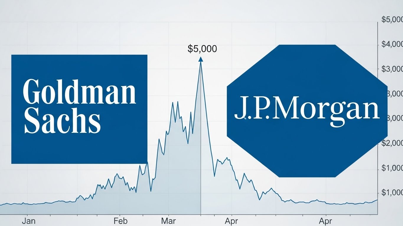 Logos of Goldman Sachs and JP Morgan with a target price chart hitting '$5,000'.
