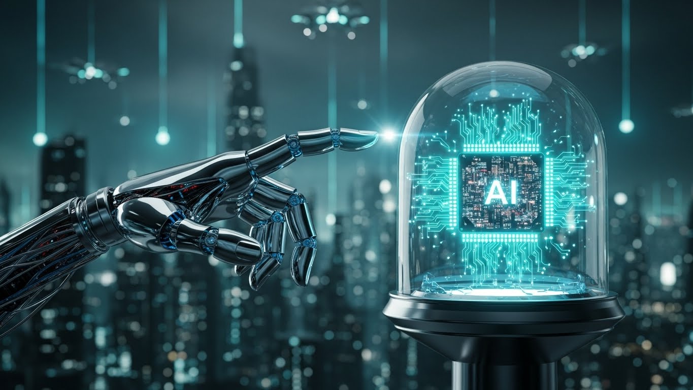 A humanoid robot hand reaching out to touch a glowing AI brain chip, futuristic neon teal background, high-tech concept art