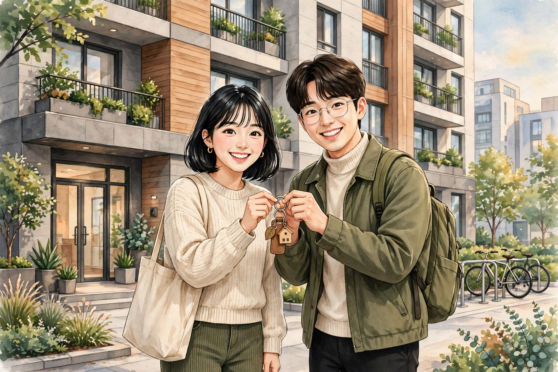 새 아파트 앞에서 집 열쇠를 들고 웃는 청년 부부 일러스트