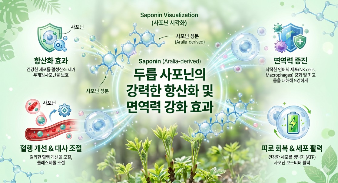 두릅의 사포닌 성분을 시각화한 건강하고 깨끗한 느낌의 그래픽 배경.