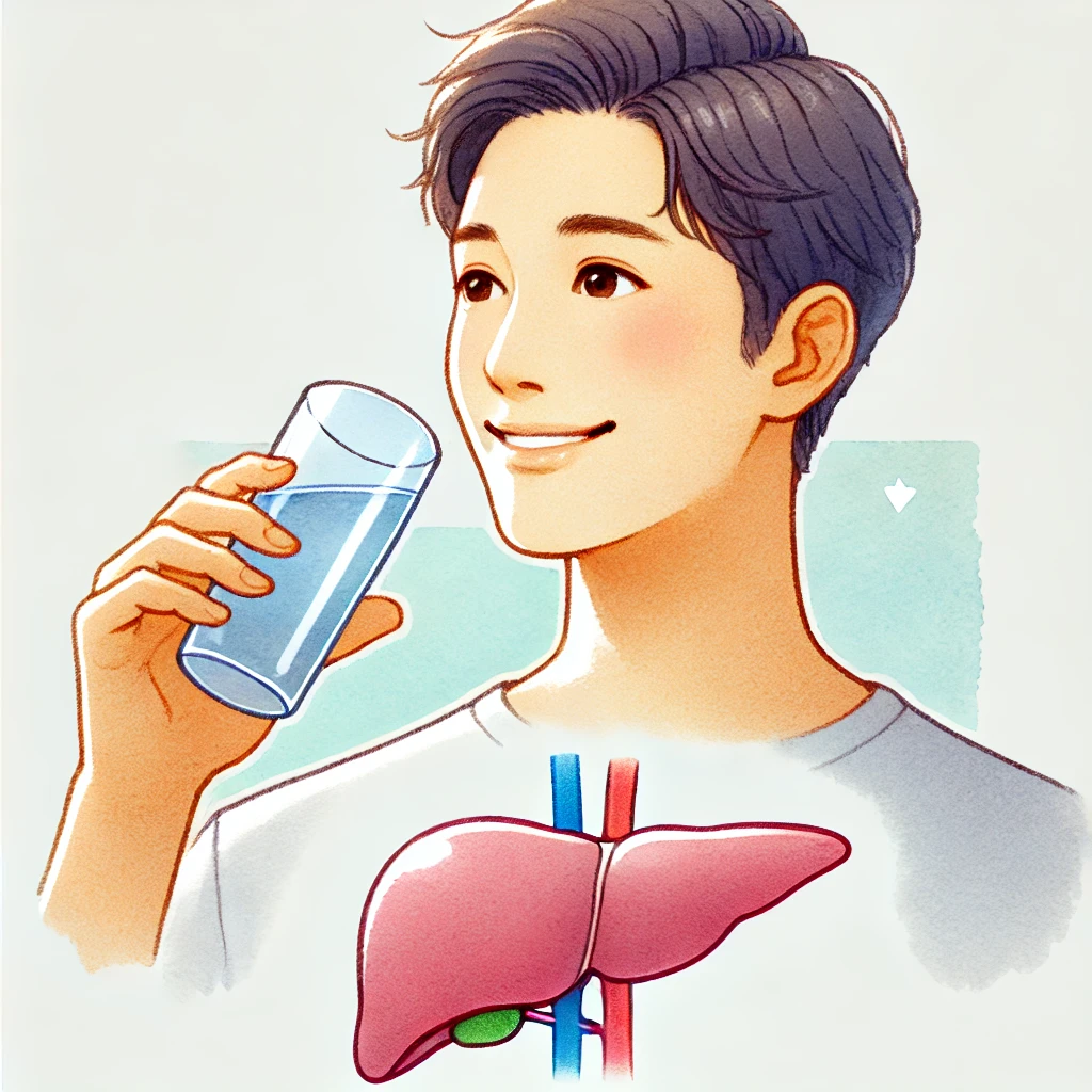 물을 마시며 건강한 라이프스타일을 즐기는 남성 (간 해독 강조)