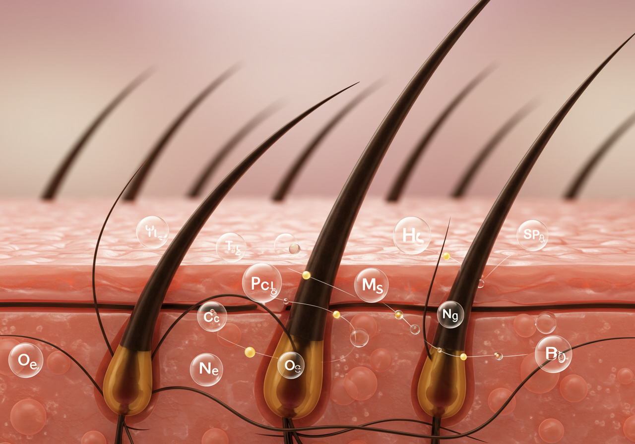 탈모 예방과 모발 건강에 좋은 영양소를 시각화한 이미지