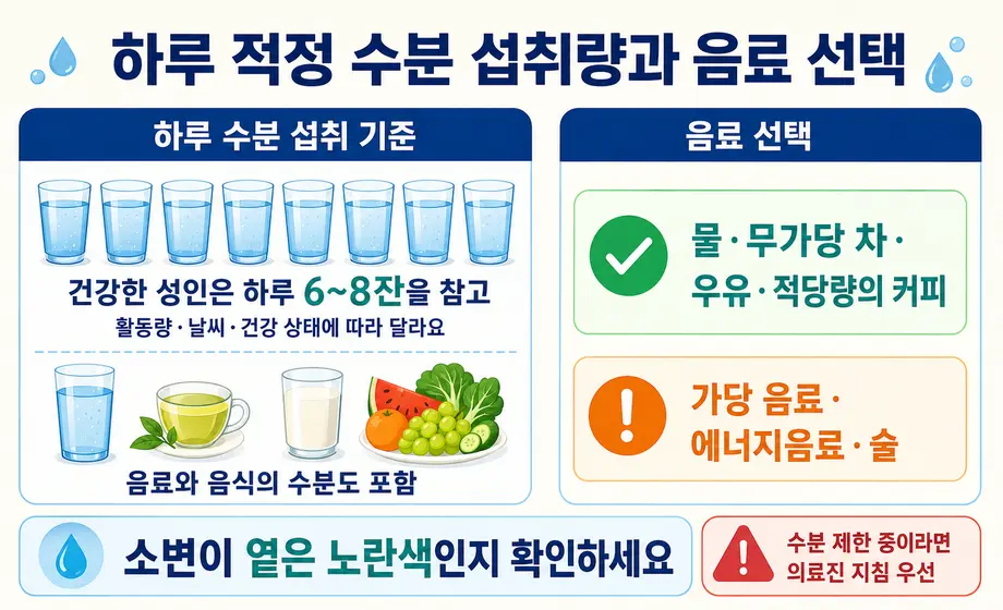 하루 적정 수분 섭취량과 수분 보충에 적합한 음료 선택 기준.