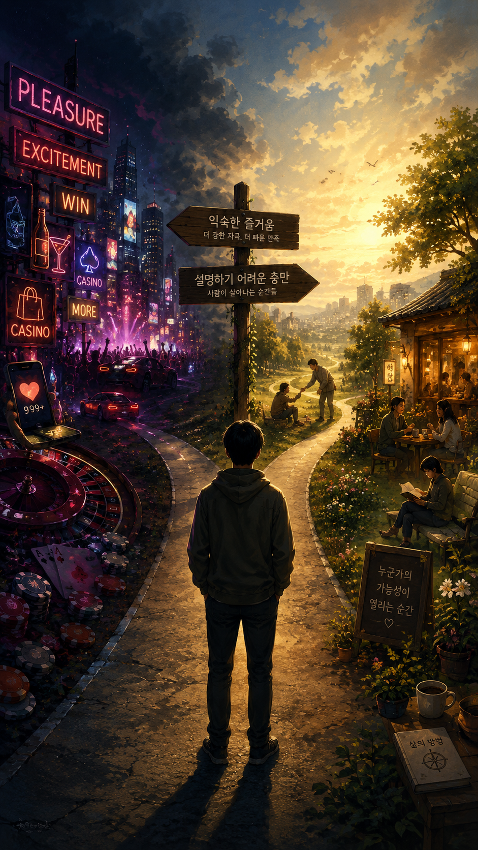 A person standing at a crossroads between pleasure-driven fulfillment and meaning-driven fulfillment, symbolizing human desire, life balance, and personal growth.