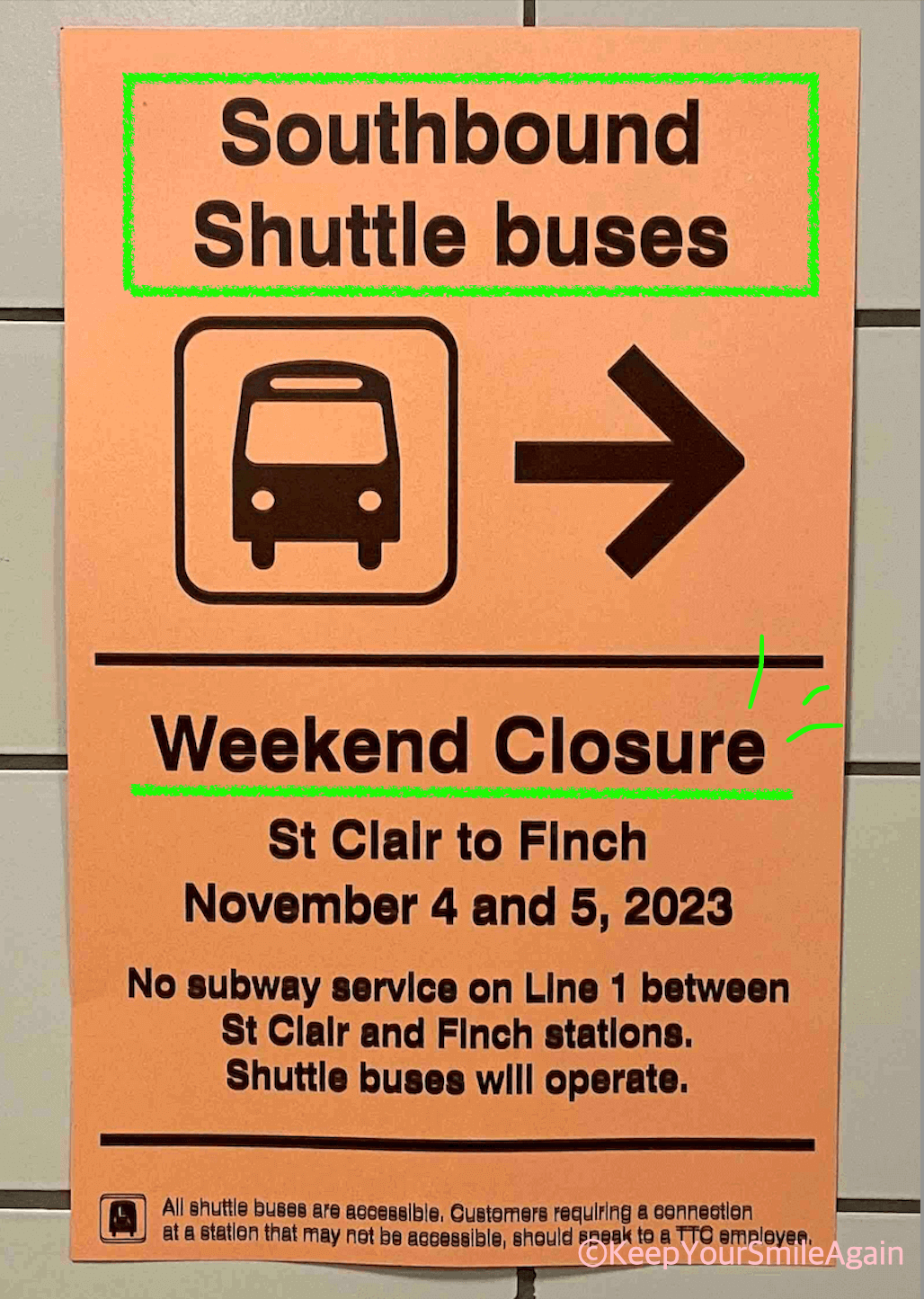 토론토 지하철 주말 서비스 운행 중지 안내