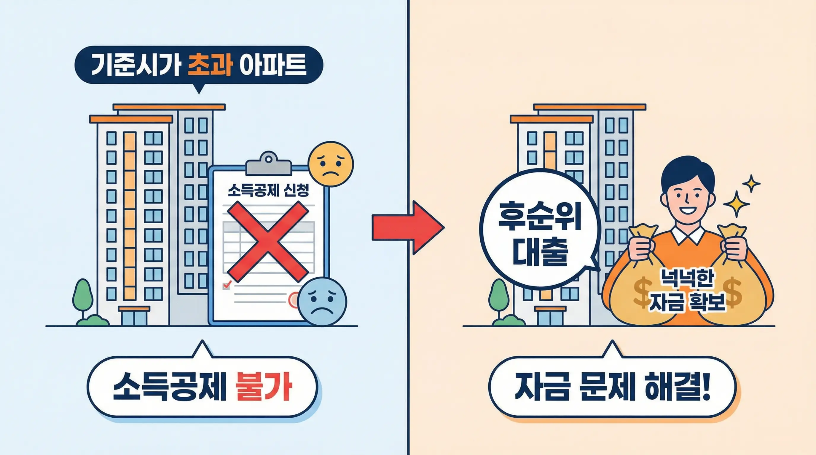 기준시가 초과로 소득공제는 못 받았지만 후순위 대출로 넉넉한 자금을 확보한 사례를 보여주는 인포그래픽