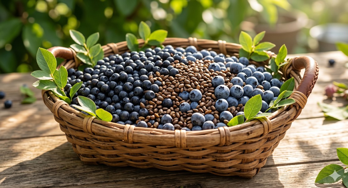 빌베리와 블루베리, 결명자가 가득 담긴 나무 바구니와 햇살