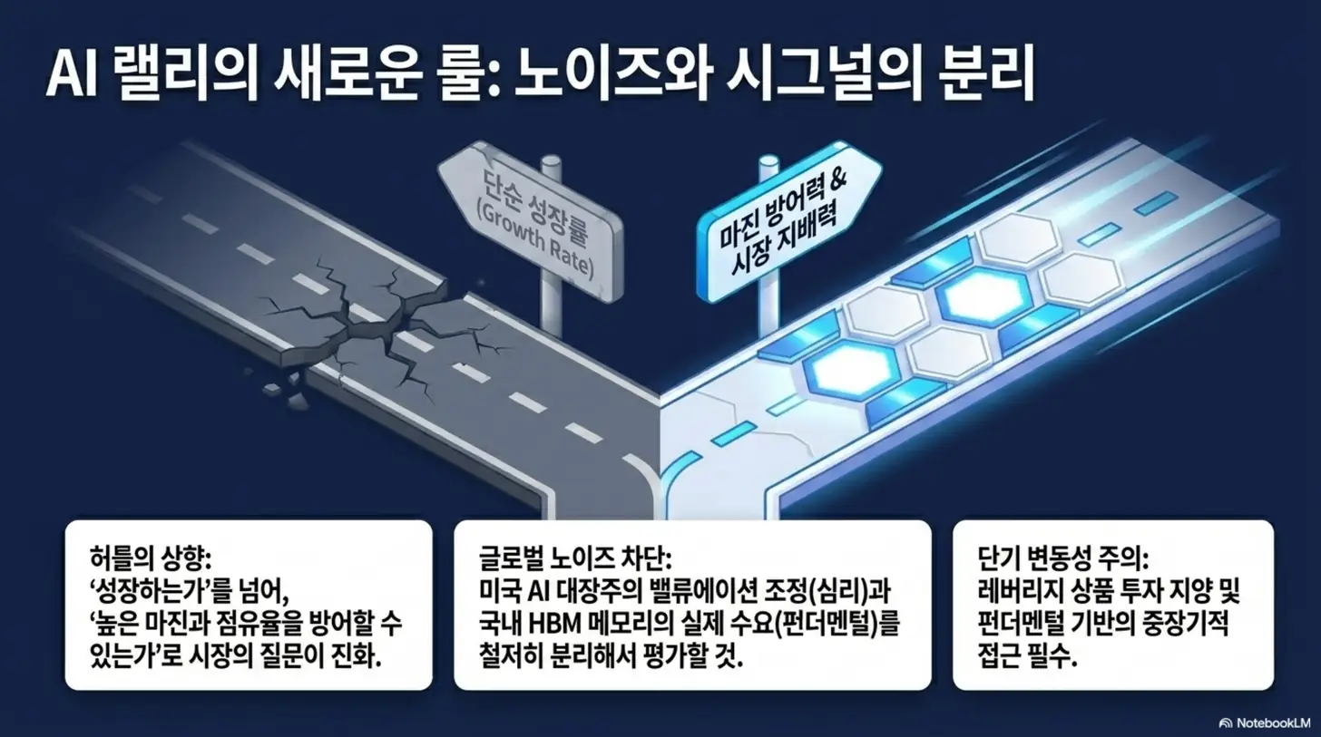 브로드컴 주가: AI 랠리의 새로운 룰로 노이즈와 시그널의 분리를 갈림길로 표현한 인포그래픽. 단순 성장률을 넘어 마진 방어력과 시장 지배력으로 시장의 질문이 진화했음을 보여주며, 단기 변동성과 장기 AI 수요를 구분하는 브로드컴 주가 전망 결론을 설명하는 블로그 내용과 관련됨