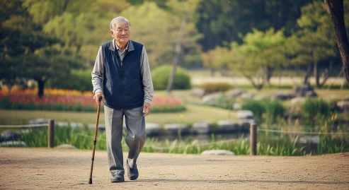 지팡이를 짚고 걸어가는 노인