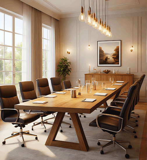 회사 회의실 풍경이다. 네모난 원목 탁자가 있고 의자 10개가 양 사이드에 나란히 있다.