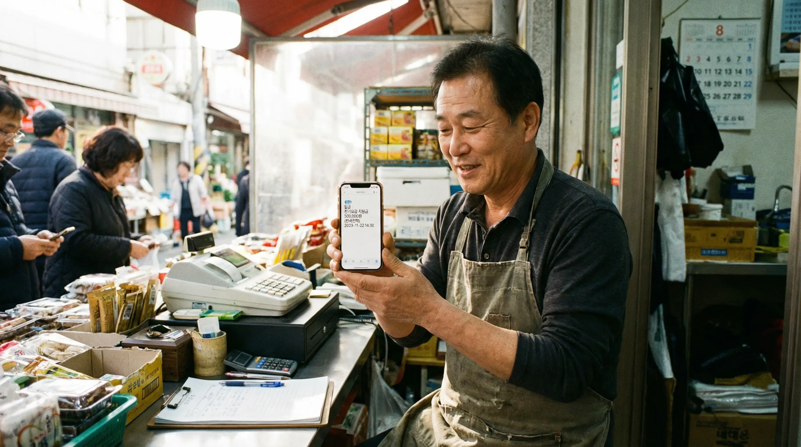 가게 계산대에서 스마트폰으로 전기요금 지원금 50만원 입금 내역을 확인하고 안도하는 사장님의 모습