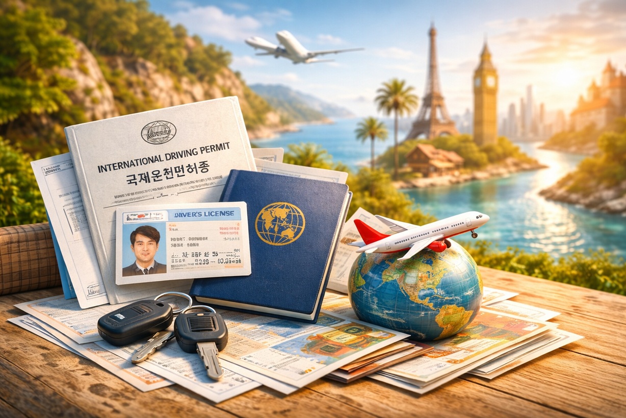 디지털 노마드의 해외 운전을 상징하는 이미지로 운전면허증, 국제운전면허, 여권, 차량 열쇠와 글로벌 이동 배경이 함께 표현된 장면