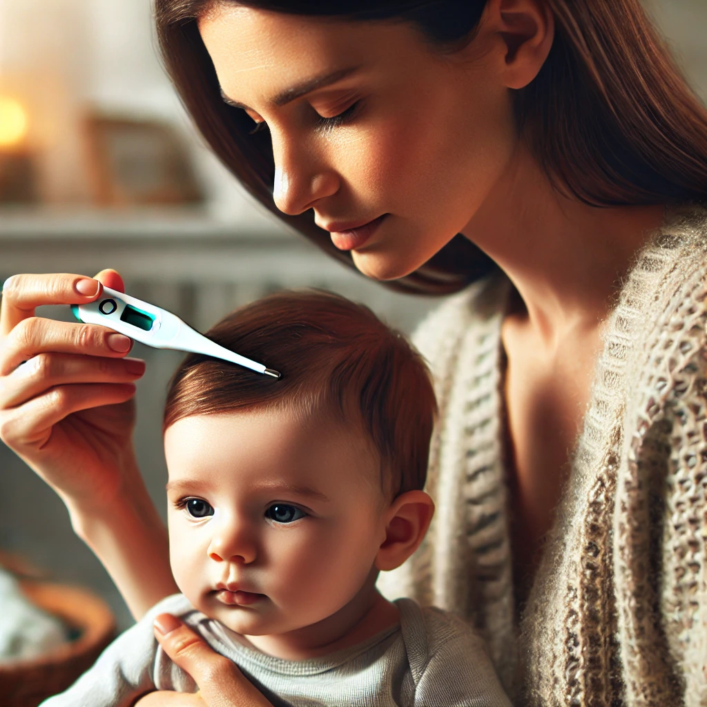 엄마가 아기 이마에 비접촉 체온계를 대는 모습