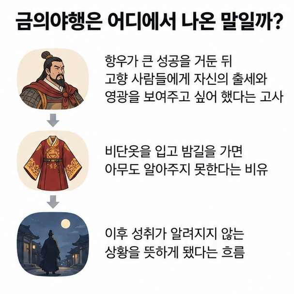 항우가 성공 후 고향으로 돌아가 자신의 영광을 보여주고 싶어 했다는 금의야행의 유래를 설명한 인포그래픽