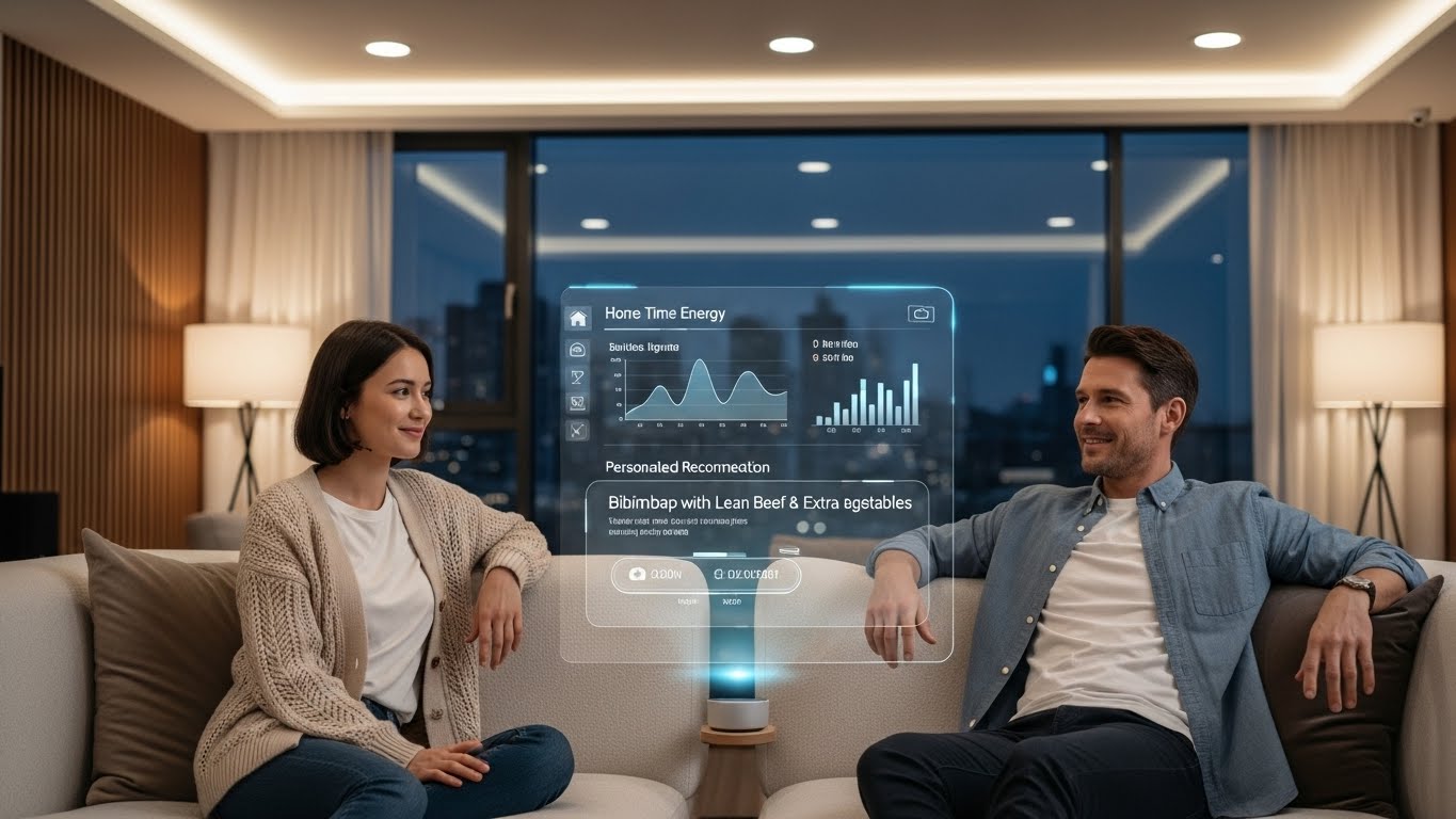 스마트홈 시스템의 홀로그램 인터페이스를 통해 개인 맞춤형 서비스를 제공받는 한국인 부부의 일상