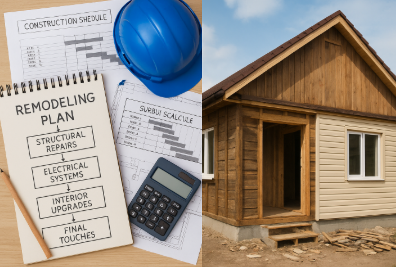전원주택 리모델링 계획 자료와 시공 중인 목재 주택이 함께 보이는 이미지. 왼쪽에는 공사 일정표와 안전모, 계산기, 메모가 있고 오른쪽에는 외벽 보수 중인 전원주택이 있다