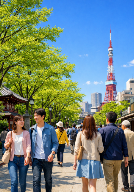 4월 일본 도심의 화창한 풍경,